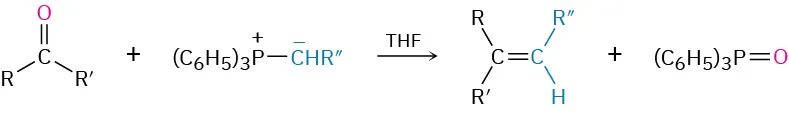 A carbonyl compound reacts with phosphorus ylide in the presence of tetrahydro furan to form an alkene and a phosphoryl group linked to three phenyl groups.