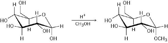 The reaction shows the conversion of alpha-glucose to acetal in the presence of hydrogen ions and methanol.
