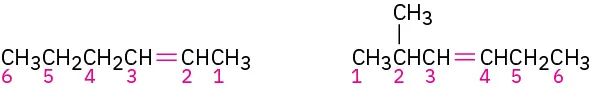 The first structure has a 6-carbon chain with a double bond between C2-C3. The second compound has a 6-carbon chain with methyl group at C2 and double bond between C3-C4.