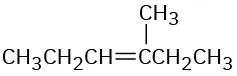 A condensed structural formula for a six-carbon chain that (counting from left) has a double bond at third carbon and methyl group at fourth carbon.