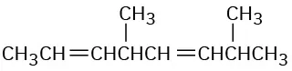 A condensed structural formula for an eight-carbon chain that (counting from left) has double bonds at second and fifth carbon and methyl groups at third and sixth carbons.