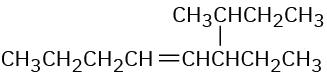 A condensed structural formula for an eight-carbon chain that (counting from left) has a double bond at fourth carbon and a sec butyl group at sixth carbon.