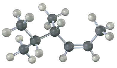 A ball-and-stick model that has a 6-carbon chain with a double bond between C2 and C3. C4 and C5 are each bonded to a methyl group.