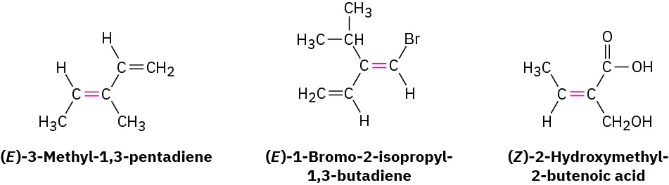 The structures of (E)-3-methyl-1,3-pentadiene, (E)-1-bromo-2-isopropyl-1,3-butadiene and (Z)-2-hydroxymethyl-2-butenoic acid.