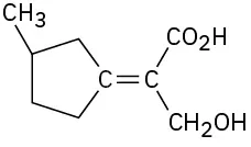 A cyclopentane ring. C1 is double bonded to another carbon, which is bonded to carboxylic acid and hydroxymethyl. C3 (closer to carboxylic acid) is bonded to methyl.