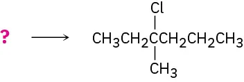 Unknown reactant(s), depicted by a question mark, form a product that has a 6-carbon chain. In the product, C3 is bonded to a chlorine atom and a methyl group.