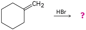Methylenecyclohexane reacts with hydrogen bromide to form an unknown product(s), depicted by a question mark.