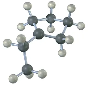 The ball-and-stick model has a cyclopentane ring. C1 is bonded to an ethyl group. The gray and white spheres represent carbon and hydrogen atoms, respectively.