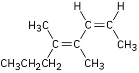 An 8-carbon chain with double bonds between C2-C3 and C4-C5. C4 and C5 are each bonded to a methyl group (opposite sides).