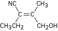 A double bond with nitrile (up) and ethyl (down) substituents on the left and methyl (up) and hydroxymethyl (down) substituents on the right.
