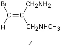 Structure labeled Z has double bond. C1 has bromine (up). C2 has C H 2 N H 2 (up) and C H 2 N H C H 3.