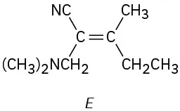 Structure labeled E has double bond. C1 has nitrile (up) and C H 2 N (C H 3) 2. C2 has methyl (up) and ethyl.