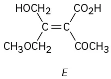 Structure labeled E has double bond. C1 has hydroxymethyl (up) and C H 2 O C H 3. C2 has carboxyl (up) and acetyl.