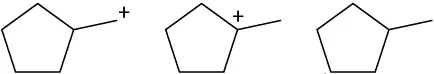 Cyclopentane bonded to methyl with positive charge on it, cyclopentane with a positive charge at C1 bonded to methyl, and cyclopentane bonded to methyl group.