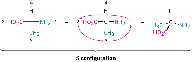 Three representations of the S configuration of alanine. In the  Fischer projection, alanine undergoes counterclockwise rotation forming a wedge-dash structure an the right.