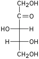 The structure of D-xylulose which is a ketopentose containing five carbon atoms ad a ketone functional group.