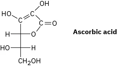 The structure of L-ascorbic acid. In the Fisher projection, the farthest chiral carbon has a hydroxyl group on the left hand side.