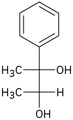 Two-carbon Fisher projection,   phenyl top with  OH on the right  and methyl on the left at C 1, at C 2 methyl on the left, and OH at the  bottom