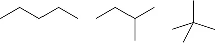 Chemical structures of n-pentane, isopentane, and neopentane.