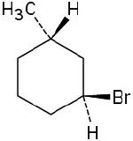 In a cyclohexane ring, C1 is wedge bonded to bromine and dash bonded to hydrogen atom. C3 is wedge bonded to hydrogen atom and dash bonded to methyl group.