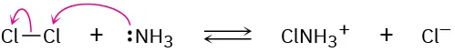 A reversible reaction shows chlorine molecule reacting with ammonia to form C l N H 3 plus and a chloride ion. Arrows depict electron flow from ammonia.