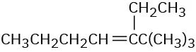 A condensed structural formula has a 7-carbon chain with a double bond between C3-C4. C1 and C3 are bonded to three methyl and one ethyl group, respectively.