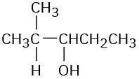 The condensed structural formula has a 5-carbon chain. C2 is bonded to a methyl group. C3 is bonded to a hydroxyl group.