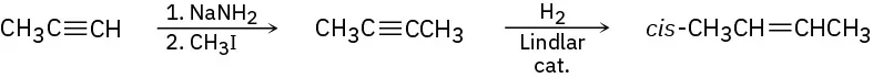 The figure shows propyne reacting with sodium amide and methyl iodide to form but-2-yne. Further, it reacts with hydrogen and Lindlar catalyst to form cis-2-butene. 