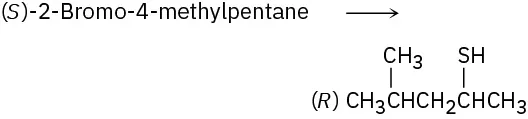 The figure shows the structure of the product having an R configuration that results from the nucleophilic substitution reaction of (S)-2-bromo-4-methylpentane with H S ion.