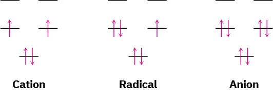 The energy levels of the cyclopentadienyl cation show two unpaired electrons. That of the radical shows one unpaired electron, and the anion does not have any unpaired electrons.