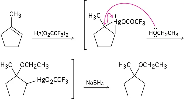 The formed cyclic mercury trifluoroacetate adduct from 1-methylcyclopentene's reaction with mercury(II) trifluoroacetate is treated with sodium borohydride to produce the corresponding alcohol, replacing the mercury atom with hydrogen.