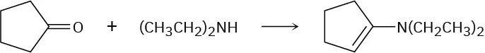 Cyclopentanone reacts with diethylamine, forming a compound where cyclopentene is linked at C 1 to a diethylamine group. C 1 and C 2 share a double bond.