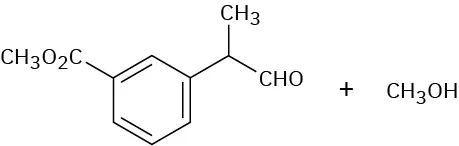 The structure of benzene with C 1 linked to C H connected to methyl and aldehyde group, C 5 position has an acetate group, plus ethanol.