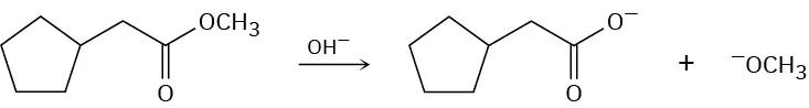 Methyl-2-cyclopentylacetate reacts with hydroxide ions. The product is not shown. The carboxylate analog of methyl-2-cyclopentylacetate reacts with methoxide ions and again the product is not shown.