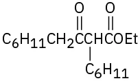 The structure of ethyl-2,4-dicyclohexyl-3-oxobutanoate shows two cyclohexyl groups at the second and fourth carbon. An ethoxy group is bonded to first carbonyl carbon, and carbonyl is part of third carbon.