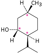 The wedge-dash structure of menthol. C1, C2, and C5 are labeled with asterisks.