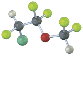 The ball-and-stick model of enflurane (an anesthetic) where gray, black, green, yellow-green, and red spheres represent hydrogen, carbon, chlorine, fluorine, and oxygen, respectively.