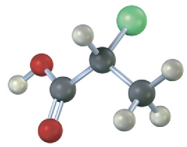 The ball-and-stick model shows a 3-carbon  chain. C1 is a carboxylic acid group  on the left. C2 is bonded to a chlorine atom at the top behind the C2 hydrogen.