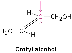 The structure of crotyl alcohol. Two arrows, one from the top and other from the bottom, point toward the central carbon.