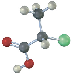 The ball-and-stick model shows a 3-carbon  chain. C1 is a carboxylic acid group on the left. C2 is bonded to a chlorine atom on the right the methyl group above.