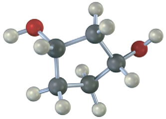 The ball-and-stick model has a cyclopentane ring. C1 and C3 are each bonded to cis hydroxyl groups where red spheres represent oxygen atoms.