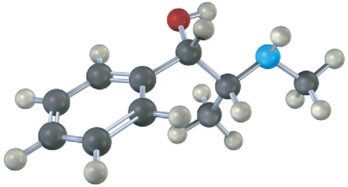 The ball-and-stick model of pseudoephedrine. Gray, black, blue, and red spheres represent hydrogen, carbon, nitrogen, and oxygen, respectively.