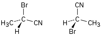 A carbon is single-bonded to bromine (top), cyano (right), wedge bonded to hydrogen (front), and dash bonded to methyl (left). The second structure, the positions of substituents are different.