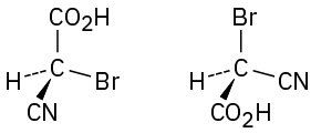 A carbon is single-bonded to carboxylic acid (top), bromo (right), wedge bonded to cyano (front), and dash bonded to hydrogen (left). The second structure, the positions of substituents are different.