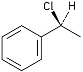 یک کربن به یک اتم کلر گوه ای (جلو) متصل است، به اتم هیدروژن (پشت)، متیل (راست) و فنیل (چپ) متصل است.