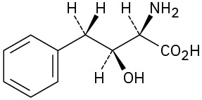 A 4-carbon chain at C1 is a carboxylic acid group (right). C2 is wedge bonded to amino. C3 is wedge bonded to hydroxyl and C4 is bonded to benzene.