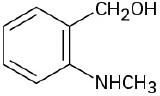 A benzene ring with C H 2 O H group on the C 1 and N H C H 3 group on the C 2 carbon is represented.