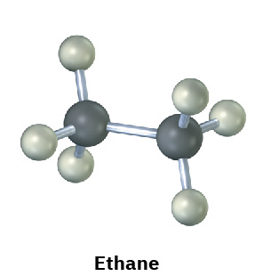 The ball and stick model of ethane where grey and black spheres represent hydrogen and carbon, respectively.