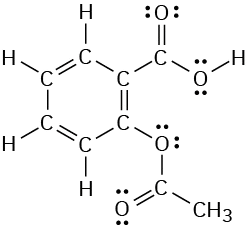 The chemical structure of aspirin featuring two lone pairs on each oxygen atom.