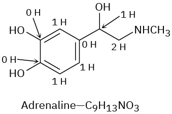 The skeletal structure of adrenaline. Numbers (0 H, 1 H, and 2H) are used to represent the number of hydrogens on each carbon.